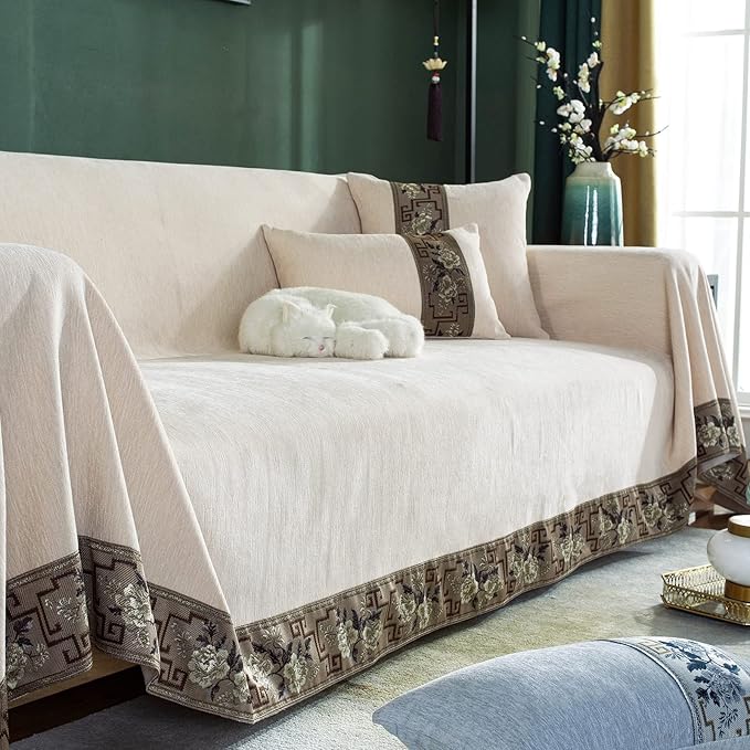 DREAMINGO Beige Couch Cover - Damask Jacquard Edge, Solid Color Modern Texture Sofa Covers for 2 Cushion Couch, Thick Chenille Sofa Slipcovers for Dogs Cats Washable, Large 71"x118"