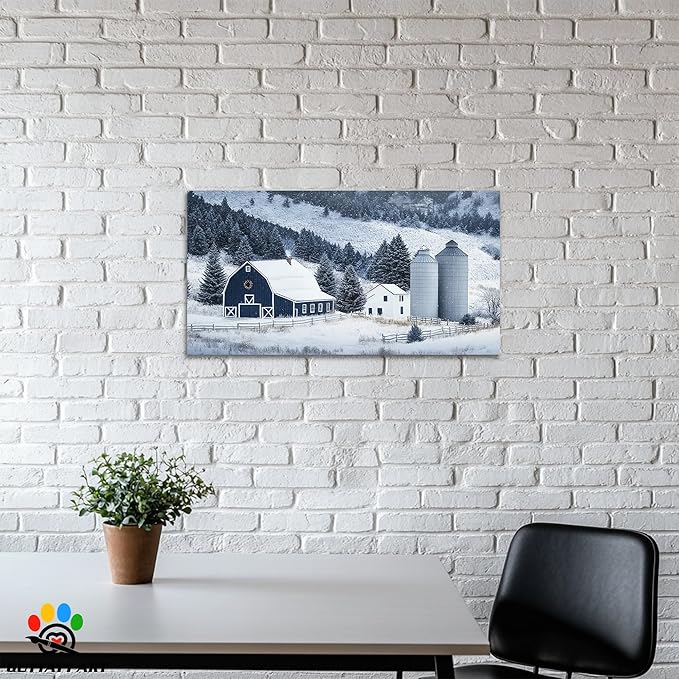 GUTTATY Christmas Winter Scene Canvas Wall Art, Barn Snow Farm Landscape Canvas Prints, Holiday Pictures Artwork, Blue White Country Wall Decor Poster for Living Room, Bedroom, Farmhouse, 48x24 Inch