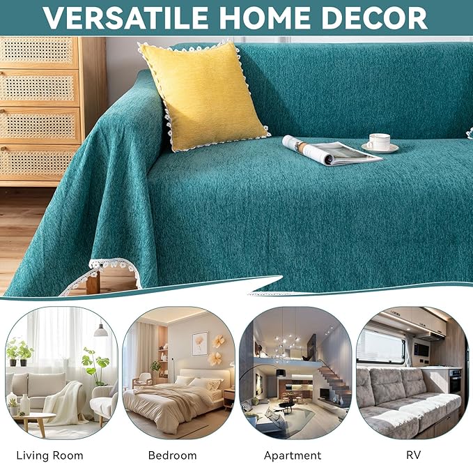 VClife Farmhouse Couch Cover for Sofa Soft Chenille Turquoise Sofa Cover Furniture Protector - Washable Home Sofa Slipcover for 3 Cushion Couch Sofa (71"X150") Gift for Christmas Thanksgiving Wedding