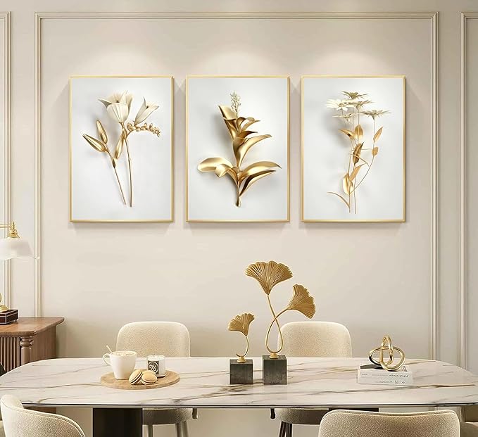 3Pcs Abstract Golden Flower Canvas Wall Art Modern Luxury Minimalism Nordic Floral Plant Painting Picture Wall Decor Poster Print Artwork for Living Room Bedroom Home Decoration Unframed