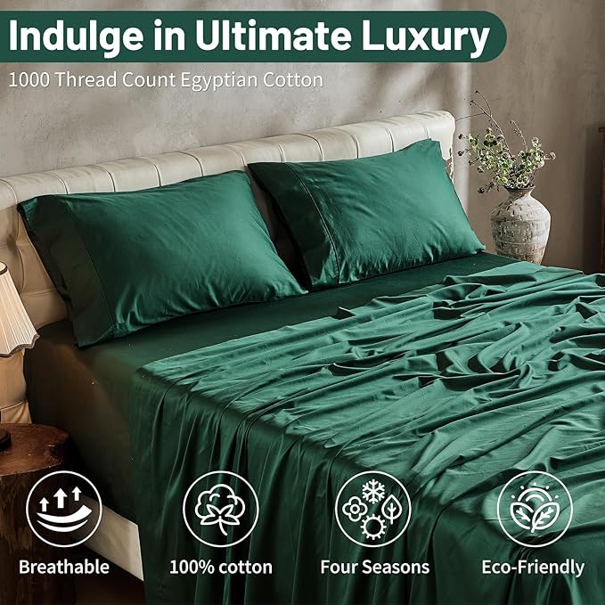 MEISHANG Extra Deep Pocket Cotton Sheets King Size - 100% Egyptian Cotton 1000 Thread Count - Fits 18"-24" in Deep Mattress,Oeko-Tex Certified, Soft & Breathable - 4 Piece (King, Dark Green)