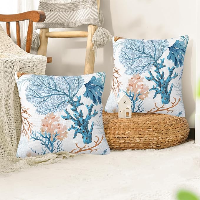 Pillow Covers 18X18 Set of 2, Blue and Brown Corals Decorative Throw Pillow Covers, Colorful Underwater Sea Life Pillow Cover Pillowcase Cushion Case for Home Sofa Couch Indoor Outdoor
