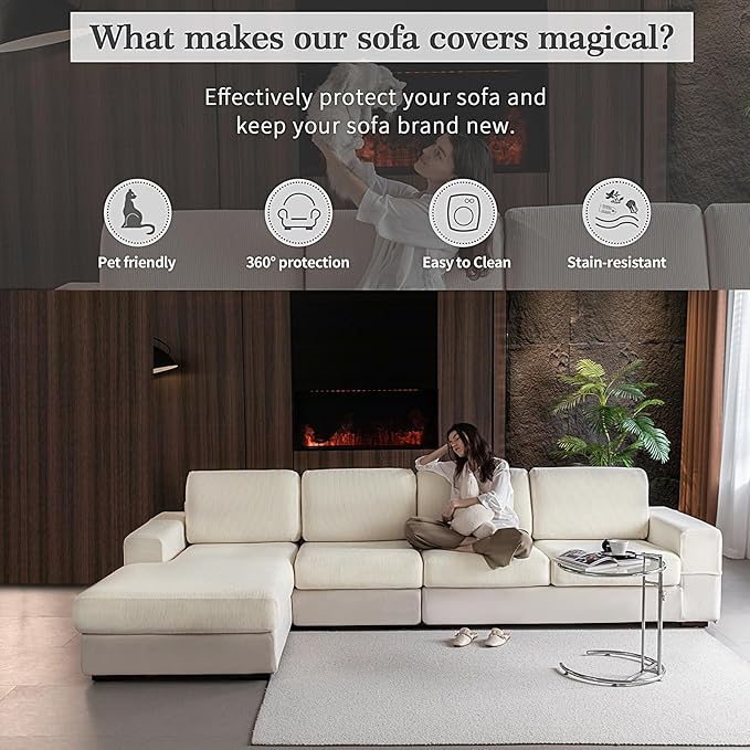 Sectional Couch Covers, Wear Resistant Stretch Sofa Covers Washable Soft Couch Cushion Covers Anti Slip Furniture Protector Sofa Slipcovers for Pets (1 Piece Loveseat Cover, Ivory)