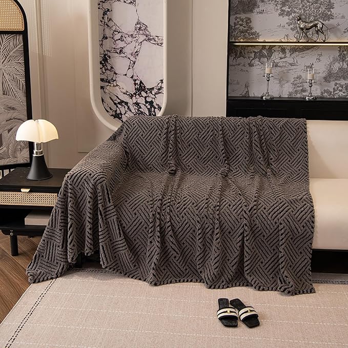 ROOMLIFE Striped Boho Gray Couch Cover for 2-3 Cushion Sofa, Fuzzy Plush Warm Sofa Slipcovers Sectional Sofas Covers, Non Slip Washable Furniture Protector Soft with Tassel,Winter 71''X150”