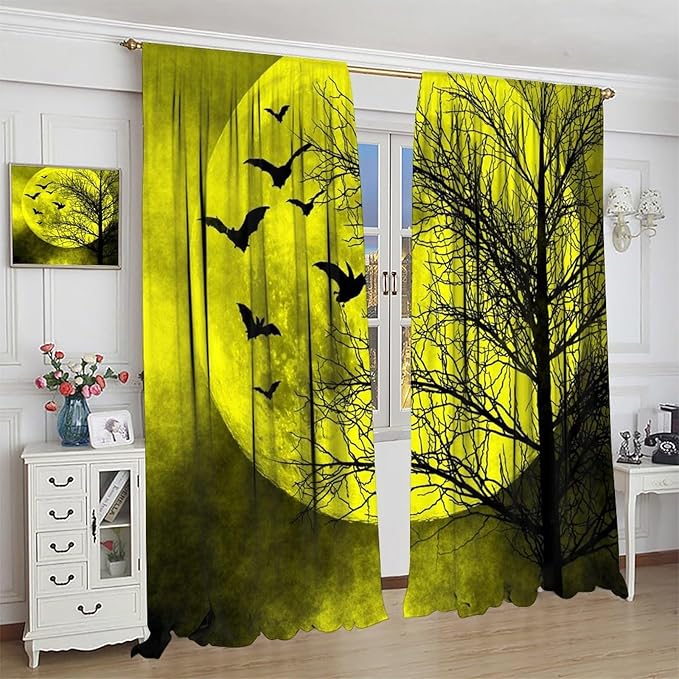 Gothic Crow Blackout Window Curtains, Halloween Horror Crow Print Window Drapes, for Living Room Bedroom 21(W)*45(L) 2 Panels