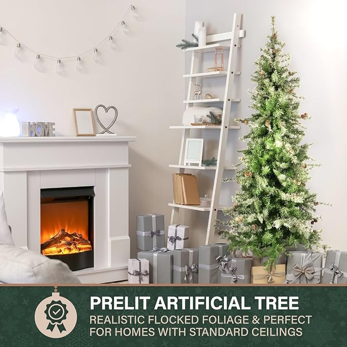 Fraser Hill Farm 7.5-Ft. Buffalo Fir Flocked Artificial Christmas Tree with Stand, Unlit Foldable Fake Tree with Realistic Snowy Foliage for Home Decoration