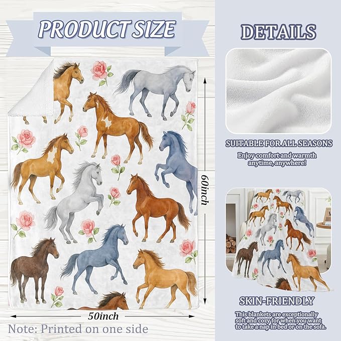 Graceful Horse Blanket, Elegant Rose Floral 80 x 60 Inch Flannel Throw Blanket, Gifts for Women Kids, Lightweight Cozy Warm Blankets for Sofa Travel Home Decor