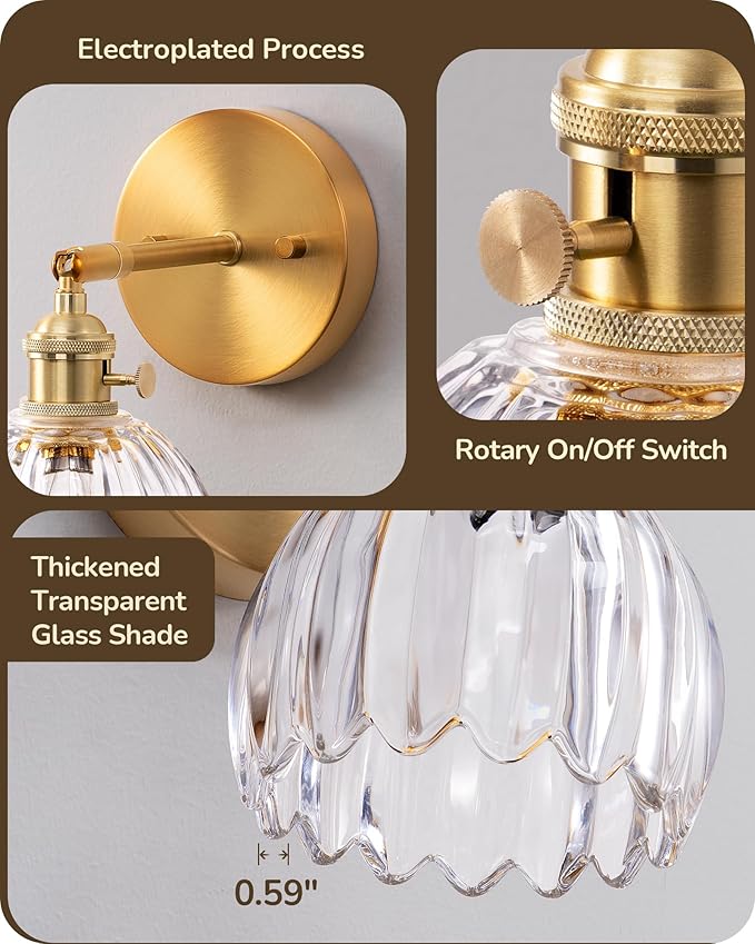 EDISHINE Hardwired Wall Sconces Set of Two, Brass Gold Wall Lamp with Transparent Tulip Glass Lampshade 180 Degree Adjustable, Vintage Bathroom Lighting Fixtures for Bedroom Living Room Hallway