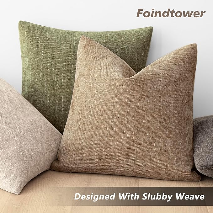 Foindtower Pack of 2 Textured Chenille Throw Decorative Pillow Covers Square Accent Solid Cushion Cover Neutral Farmhouse Pillow Case for Couch Sofa Bedroom Living Room 16x16 Inch,Taupe Khaki Camel