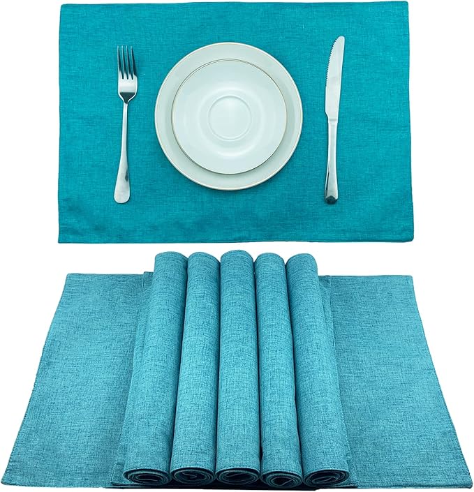 Weabetfu Cloth Placemats Set of 8 Heat Resistant Dining Table Placemmats Cotton Linen Machine Washable Kitchen Table Mats Wrinkle Free Thick Fabric Place Mat,Easy to Clean,13"x19" Teal