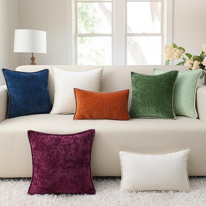 decorUhome Chenille Soft Throw Pillow Covers 26x26 Set of 2, Farmhouse Velvet Neutral Decorative Euro Pillow Covers with Stitched Edge for Couch Sofa Bed Home Decor, Aqua Haze