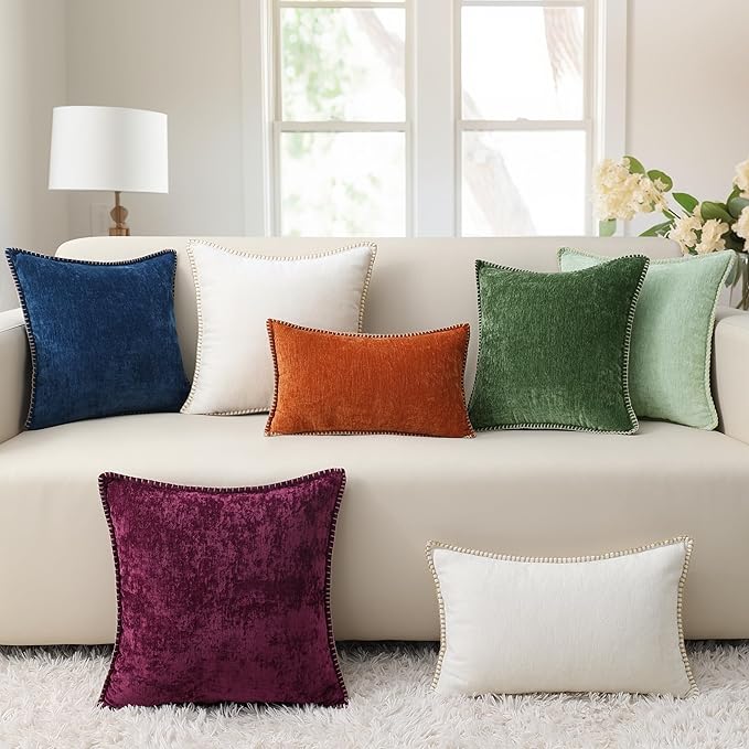 decorUhome Chenille Soft Throw Pillow Covers 16x16 Set of 2, Farmhouse Velvet Neutral Decorative Euro Pillow Covers with Stitched Edge for Couch Sofa Bed Home Decor, Beige
