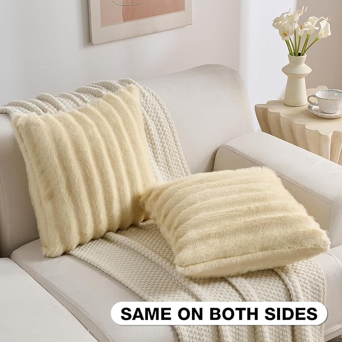 FUTEI Beige Decorative Throw Pillow Covers 24x24 Inch Set of 2,Soft Fluffy Faux Rabbit Fur Dyeing Striped Textured European Cushion Case,Modern Home Decor for Couch Bed Living Room