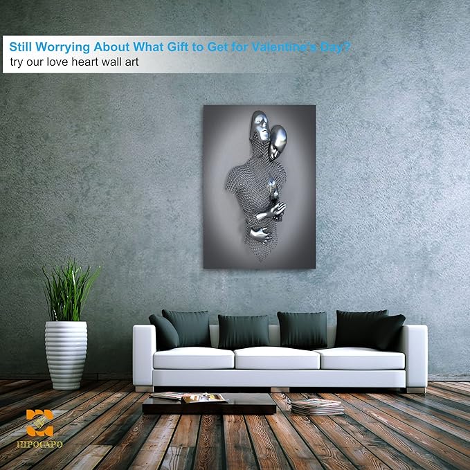 HIPOCAPO 3D Metal Effect Wall Art - Love Heart Canvas Art, Silver Decor for Living Room, Romantic Couple Room Framed 32”x48”x1Pcs 3d Art-15