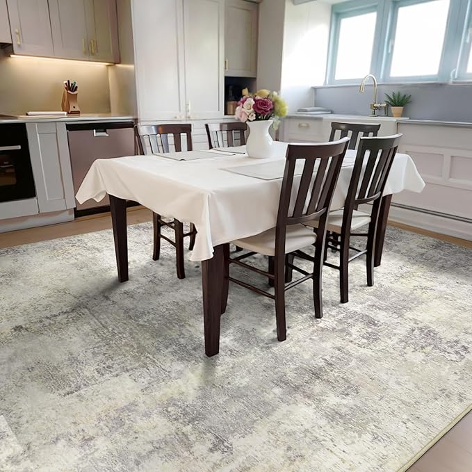 Washable Area Rugs for Living Room 8x10 - Large Neutral Modern Abstract Rug, Soft Low Pile Carpet with Non Slip Backing for Under Dining Room Table, Bedroom, Home, Office, Dorm - Brown Grey
