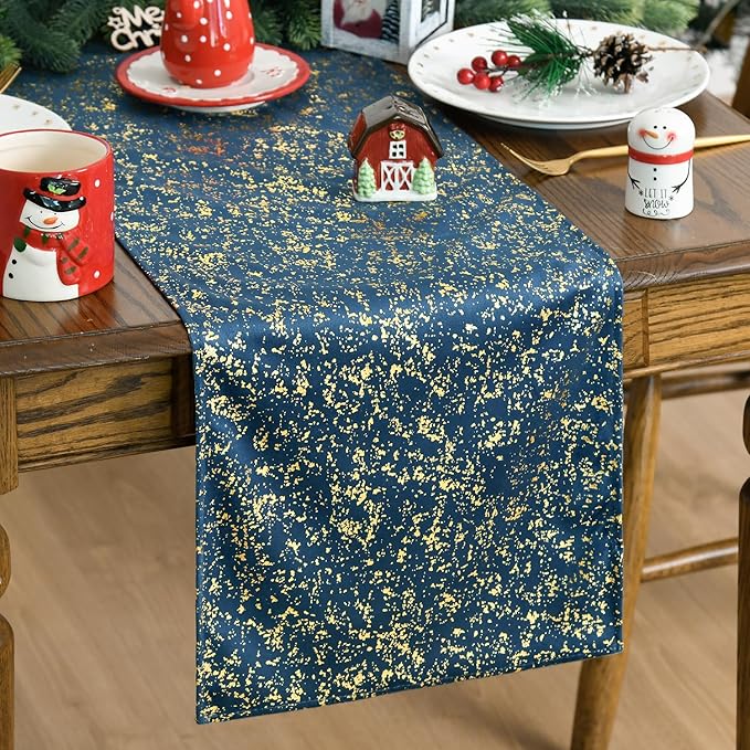 Artoid Mode Navy Blue Dutch Fleece Table Runner, Glitter Metallic Foil Holiday Kitchen Dining Table Decoration for Home Party Decor 13x72 Inch