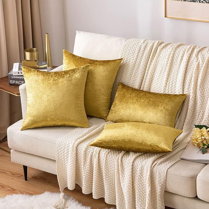 MIULEE Pack of 2 Golden Velvet Throw Pillow Covers 12x20 Inch Soft Solid Decorative Set Lumbar Fall Cushion Cases for Couch Sofa Bedroom