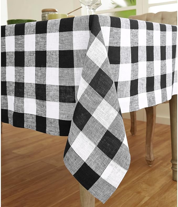 Solino Home Linen Checkered Tablecloth 60 x 90 Inch - 100% Pure Linen Black and White Buffalo Plaid Table Cloth for Rectangle Tables - Machine Washable Tablecloth for Fall, Autumn, Thanksgiving