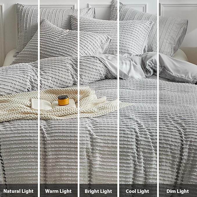 WARMDERN Boho Duvet Cover Set King Size,Grey Striped Duvet Cover Microfiber Bedding Set,3PCS Ultra Soft Breathable Lightweight Tuft Texture Pattern Duvet Covers with Zipper Closure(Grey,King)