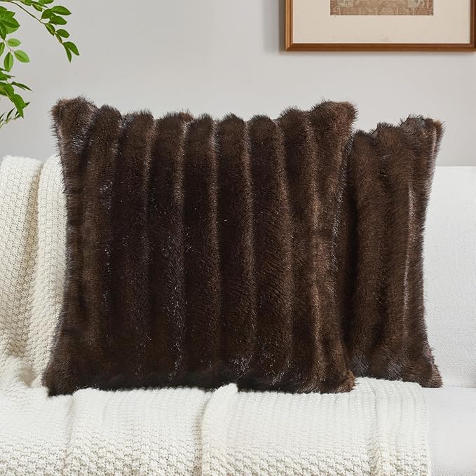 FUTEI Dark Coffee Decorative Throw Pillow Covers 24x24 Inch Set of 2,Soft Fluffy Faux Rabbit Fur Dyeing Striped Textured European Cushion Case,Modern Home Decor for Couch Bed Living Room