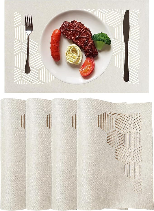 Cloth Placemats Set of 4 for Dining Table, Decorative Placemats with Hollow Design Table Cloth Set, Table Mats for Dining Table 12"x18" Cream