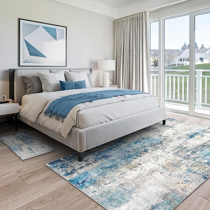 Washable Area Rug 5x7 - Neutral Modern Abstract Rugs, Soft Non Slip Thin Carpet with for Bedroom, Under Dining Room Table, Home, Office, Dorm, Office Rolling Chair - Blue Gray