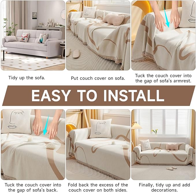 VClife Sofa Cover Washable Soft Plush Couch Cover for 3 Seat Cushion Couch Sofa (71''x134'') - Modern White Beige Striped Jacquard Sofa Cover Slipcover for Sectional Sofa Home Furniture Protector