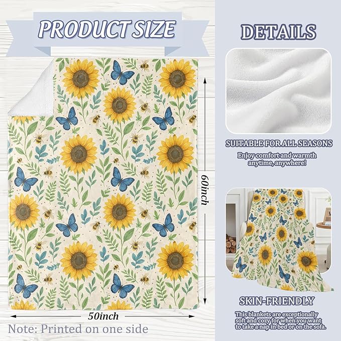 Charming Sunflower Blanket, Butterfly and Bee 50 x 40 Inch Flannel Throw Blanket, Gifts for Women Kids, Lightweight Cozy Warm Blankets for Sofa Travel Home Decor
