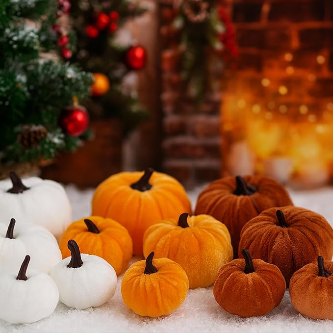 12 Faux Flocked Pumpkins, Perfect for Fall Harvest, Halloween, or Thanksgiving Table Centerpieces(12, Gold, White, and Brick Red)