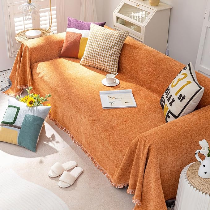 VClife Modern Orange Couch Cover XL Sofa Cover for Sectional Couch, Soft Kids Couch Covers for 3 Cushion Couch Sofa, Thick Chenille L-Shape Furniture Sofa Covers for Living Room 71"x134"