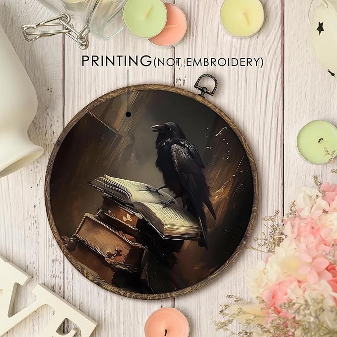 KFXHANGD Vintage Dark Academia Raven Round Wall Art Framed, Moody Black Crow Canvas Wall Art Decor, Gothic Black Raven Hanging Decor for Bedroom Living Room, 10x10inch