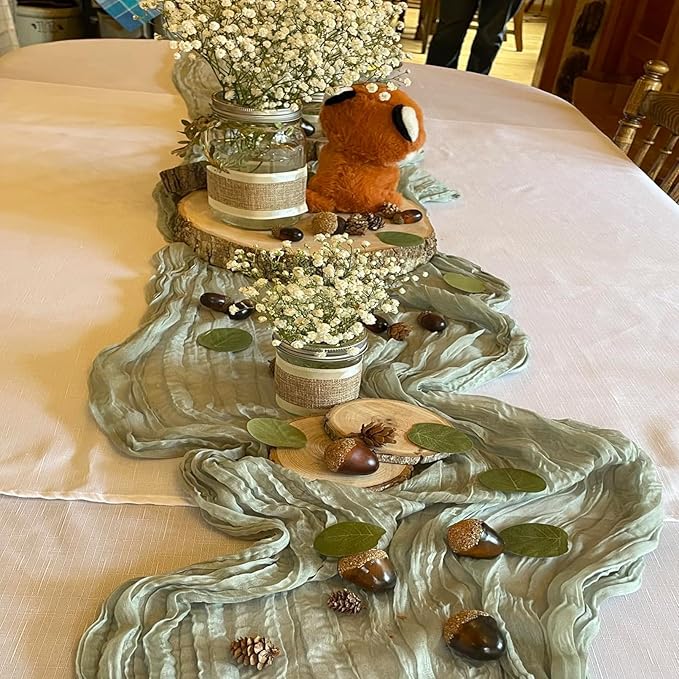 12 Pack Sage Green Cheesecloth Table Runner 35 x 120 Inch Gauze Fabric Boho Table Runners for Wedding Arch, Rustic Bridal Shower, Baby Shower, Party Decorations, Farmhouse Home Decor