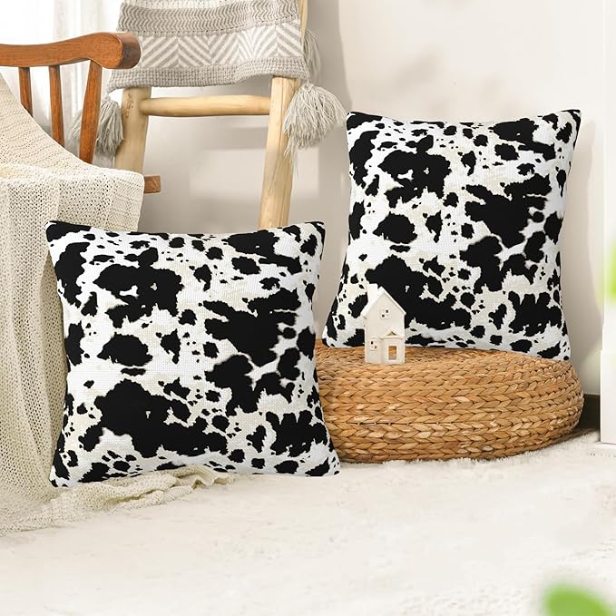 Black and White Cow Spot Print Pillow Covers 18X18 Set of 2, Cowhide Animal Skins Decorative Throw Pillow Covers, Pillowcase Cushion Case for Home Sofa Couch Indoor Outdoor Decorations