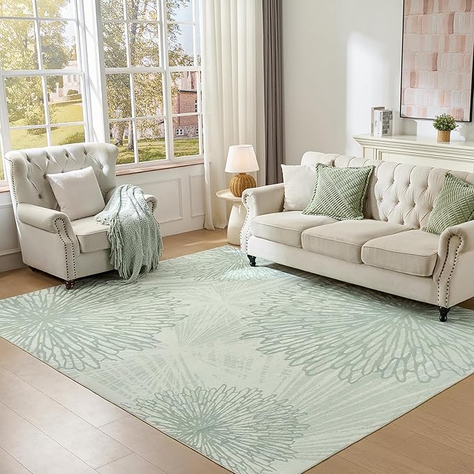 WITSHOCK Living Room Area Rugs 8x10: Boho Light Green Rug for Bedroom Kids Room Neutral Modern Soft Thin Large Carpet Non-Slip Stain Resistant Low Pile Decor（Green,8'x10'