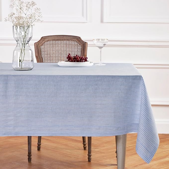 Solino Home Linen Tablecloth 60 x 90 Inch - Narrow Stripe 100% Pure Linen Cornflower Blue and White Table Cloth for Rectangle Tables - Machine Washable Tablecloth