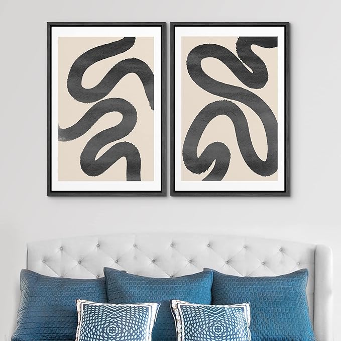 SIGNWIN Framed Wall Art Print Set Black Squiggly Lines Over Tan Background Abstract Swirly Digital Art Modern Art Mid-Century Modern Expressive for Living Room, Bedroom, Office - 24"x36"x2 Black