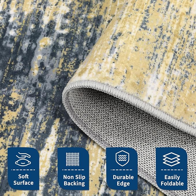 Washable Runner Rug 2x6 Modern Abstract Kitchen Rugs, Non Slip Bathroom Rug, Low Pile Laundry Room Soft Long Carpet for Hallway Bedroom Entryway, Yellow/Black
