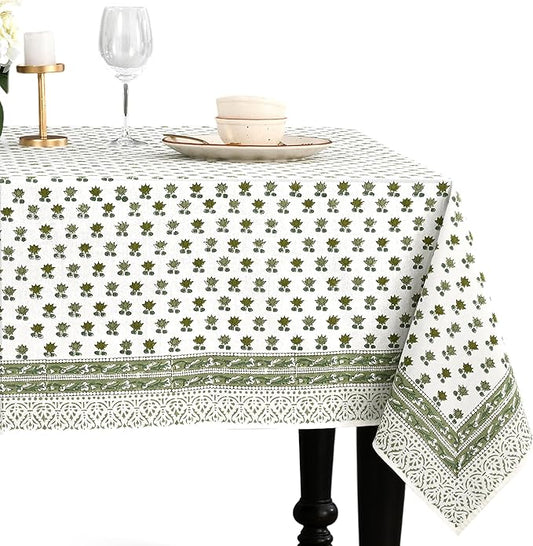 CPC Lotus Meadow Tablecloth 100% Cotton 80x120 Inch Indian Block Print Rectangle Table Cover, Table Cloth for Gifting in Weddings, Halloween, Fall, Christmas, Thanksgiving