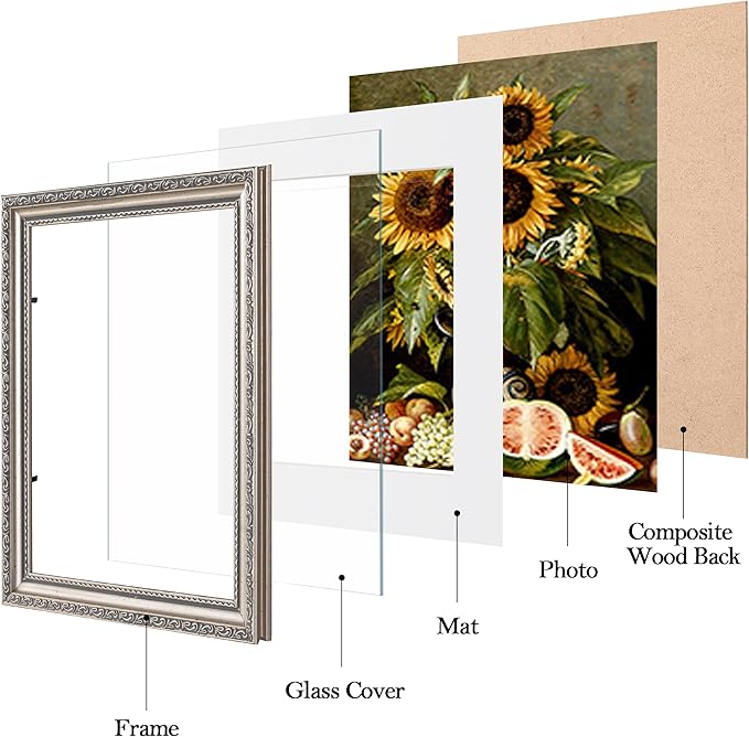 eletecpro 8x10 Picture Frames Set of 2, Vintage Photo Frame with Glass, Frames 8 x 10 Display 5x7 Photo with Mat or 8x10 without Mat for Tabletop or Wall Decor, Silver Beige