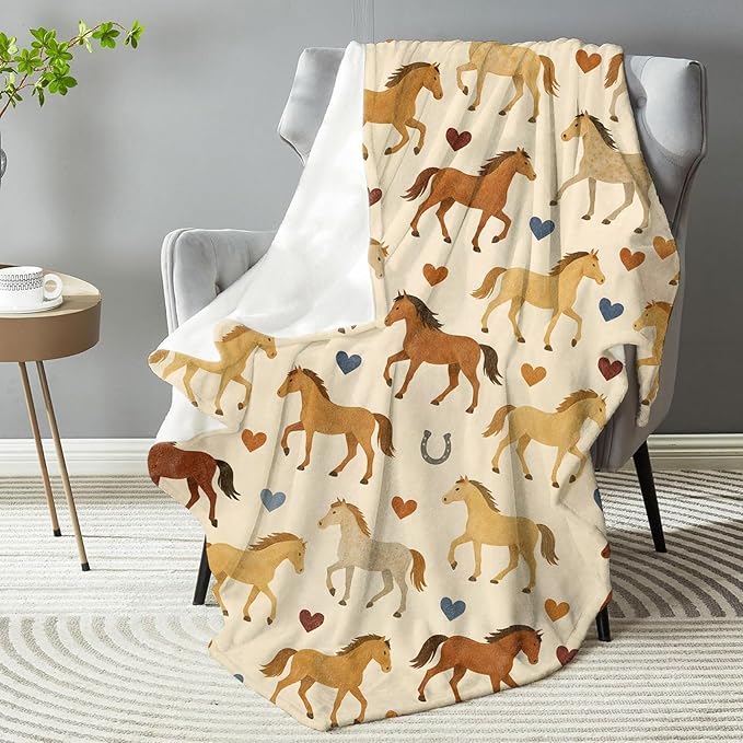 Rustic Horse and Heart Blanket, Plush Soft Lightweight Warm Cozy Flannel 50×40 inch Throw Blanket with Western Equine Pattern for Couch, Travel, Bed, Outdoor, Gifts for Women Men Girls Kids