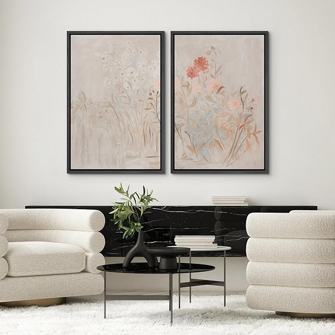 SIGNWIN Framed Canvas Print Wall Art Set Soft Pastel Wildflower Botanical Floral Illustrations Modern Art Scenic Colorful for Living Room, Bedroom, Office - 16"x24"x2 Black