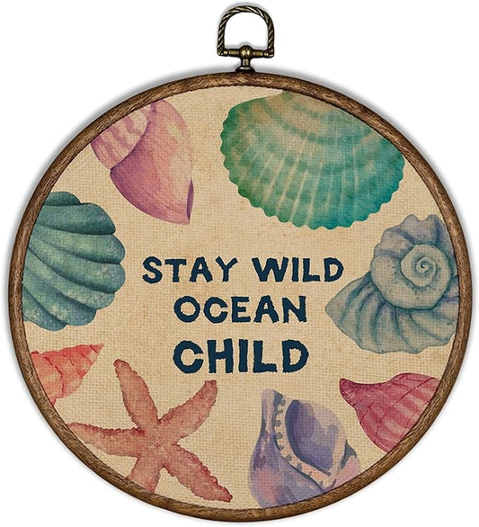 XBBMGG Coastal Colorful Seashell Wall Art Decor, Vintage Stay Wild Ocean Child Shell Round Wall Hanging Decor, Nautical Seashell Framed Canvas Prints for Living Room Bathroom Decorations, 10x10inch