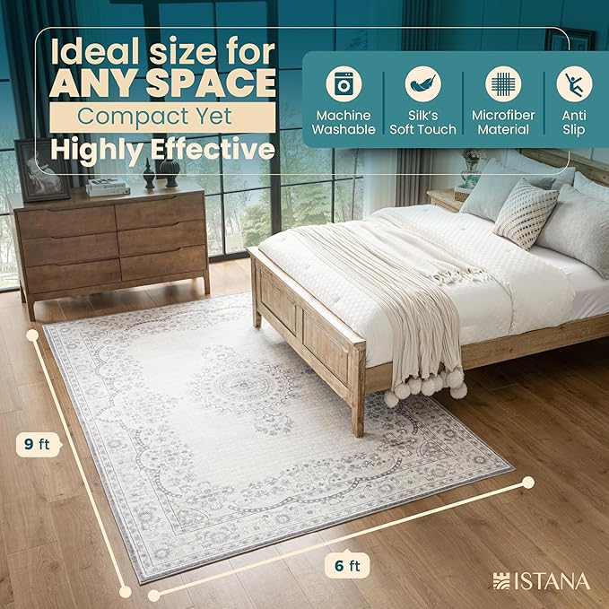 Istana 6x9 Area Rugs - Grey/White Cream Rugs for Living Room - Luxurious Silk's Soft Touch Living Room Rug - Elegant Non Slip Area Rug