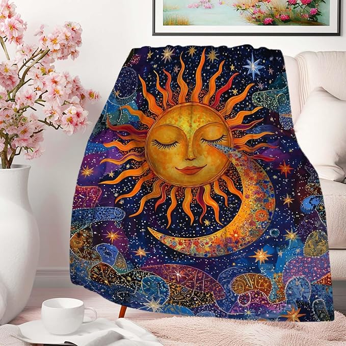 Sun and Moon Blanket Throw, Plush Blanket Gift for Adults, Hippie Witchy Lightweight Soft Fleece for Bedrooms, Meditation, and Decor, 50x60 Inches