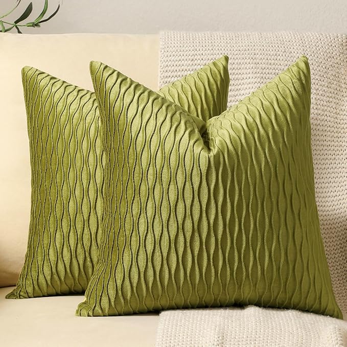 18x18 Moss Green Throw Pillow Cases: 2 Pack Original Striped Velvet Square Decorative Pillow Covers for Farmhouse Couch