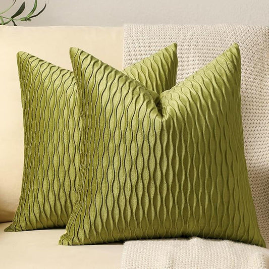 20x20 Moss Green Throw Pillow Cases: 2 Pack Original Striped Velvet Square Decorative Pillow Covers for Farmhouse Couch