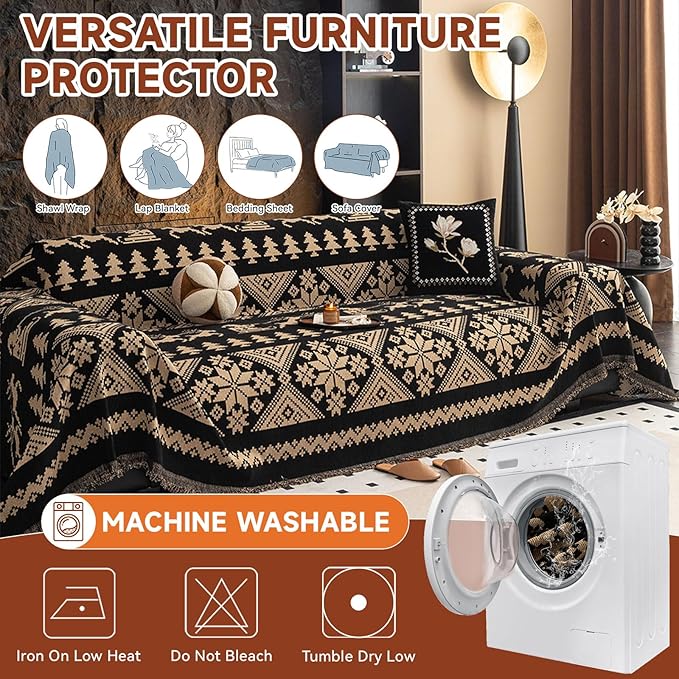 VClife Boho Couch Cover for Sofa, Anti Slip Chenille Sofa Cover for Sectional Sofa - 1 Piece Black Khaki Geometry Jacquard Sofa Slipcover, Pet-Friendly Couch Cushion Cover with Tassel 71"x 150"