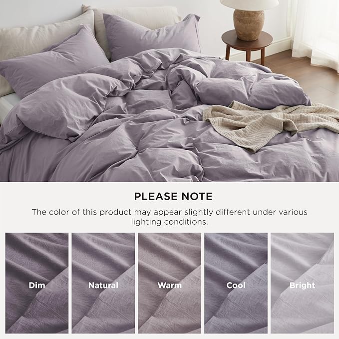 Bedsure 100% Washed Cotton Duvet Cover Queen Size - Lavender Minimalist Cotton Duvet Cover Linen Like for All Seasons - GentleSoft™ Plain Simple Bedding (Lavender, Queen, 90"x90")