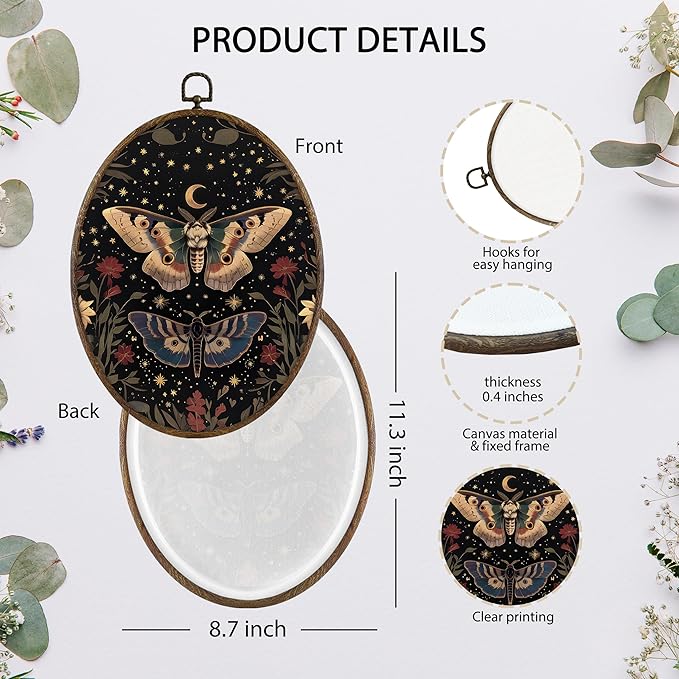 KFXHANGD Witchy Butterfly Moth Oval Wall Art Framed, Gothic Wall Art, Boho Vintage Butterfly Canvas Wall Art Decor, Gothic Lunar Moth Hanging Wall Decor for Bedroom Living Room, 8.7x11.3 Inch