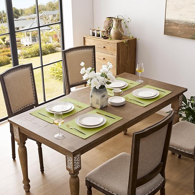 Romanstile Cloth Placemats Set of 8-12 x 18 Inch, Heat Resistant Double Layered Thickened Burlap Place Mats, Washable Faux Linen Farmhouse Table Mats for Kitchen/Dining/Party/Outdoor, Green